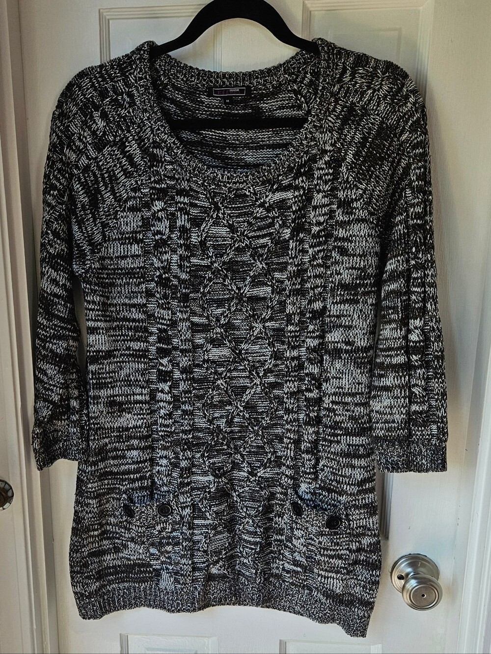 Effeci Women's Medium Black White Marled Cable Knit Sweater Button Pockets